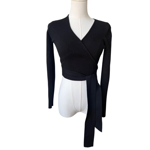 Zara Cropped Wrap Sweater Size M Tie V Neck Coquette Ribbed Long Sleeve Fitted - Picture 1 of 6